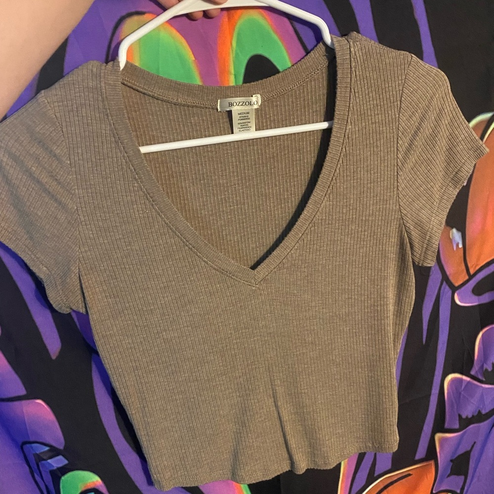 Bozzolo Taupe Ribbed V-Neck Crop Top